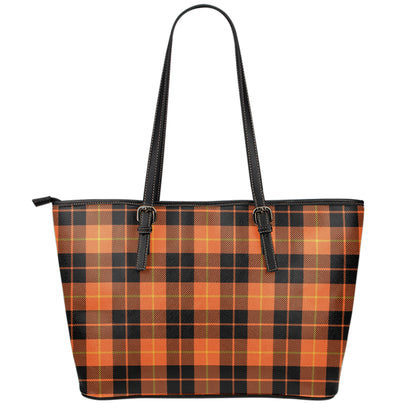 Orange Black And Yellow Tartan Print Leather Tote Bag