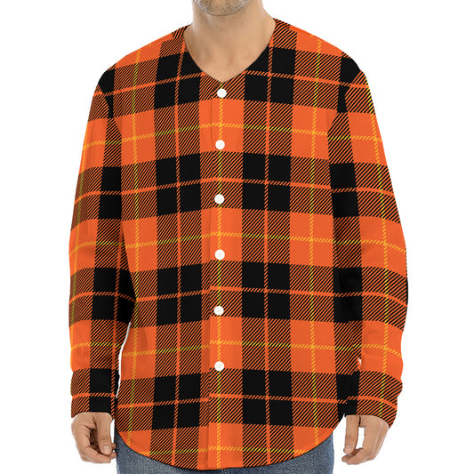 Orange Black And Yellow Tartan Print Long Sleeve Baseball Jersey