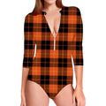 Orange Black And Yellow Tartan Print Long Sleeve Swimsuit