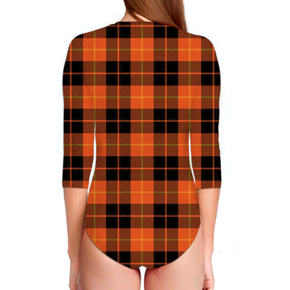 Orange Black And Yellow Tartan Print Long Sleeve Swimsuit