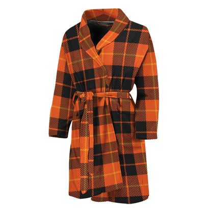 Orange Black And Yellow Tartan Print Men's Bathrobe