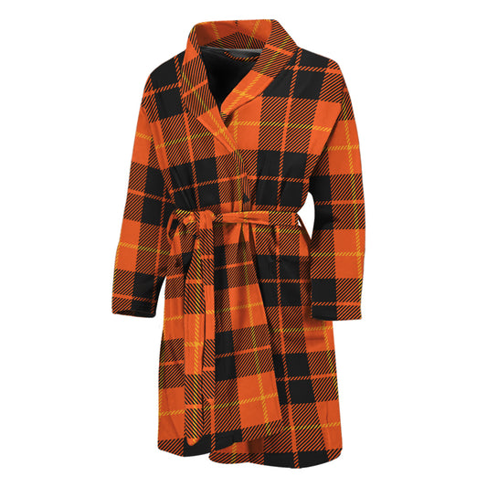 Orange Black And Yellow Tartan Print Men's Bathrobe