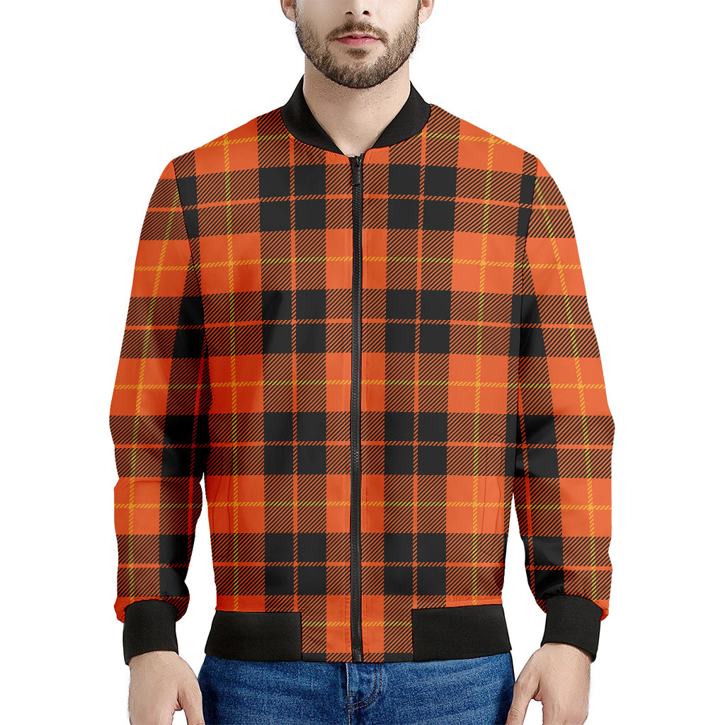 Orange Black And Yellow Tartan Print Men's Bomber Jacket