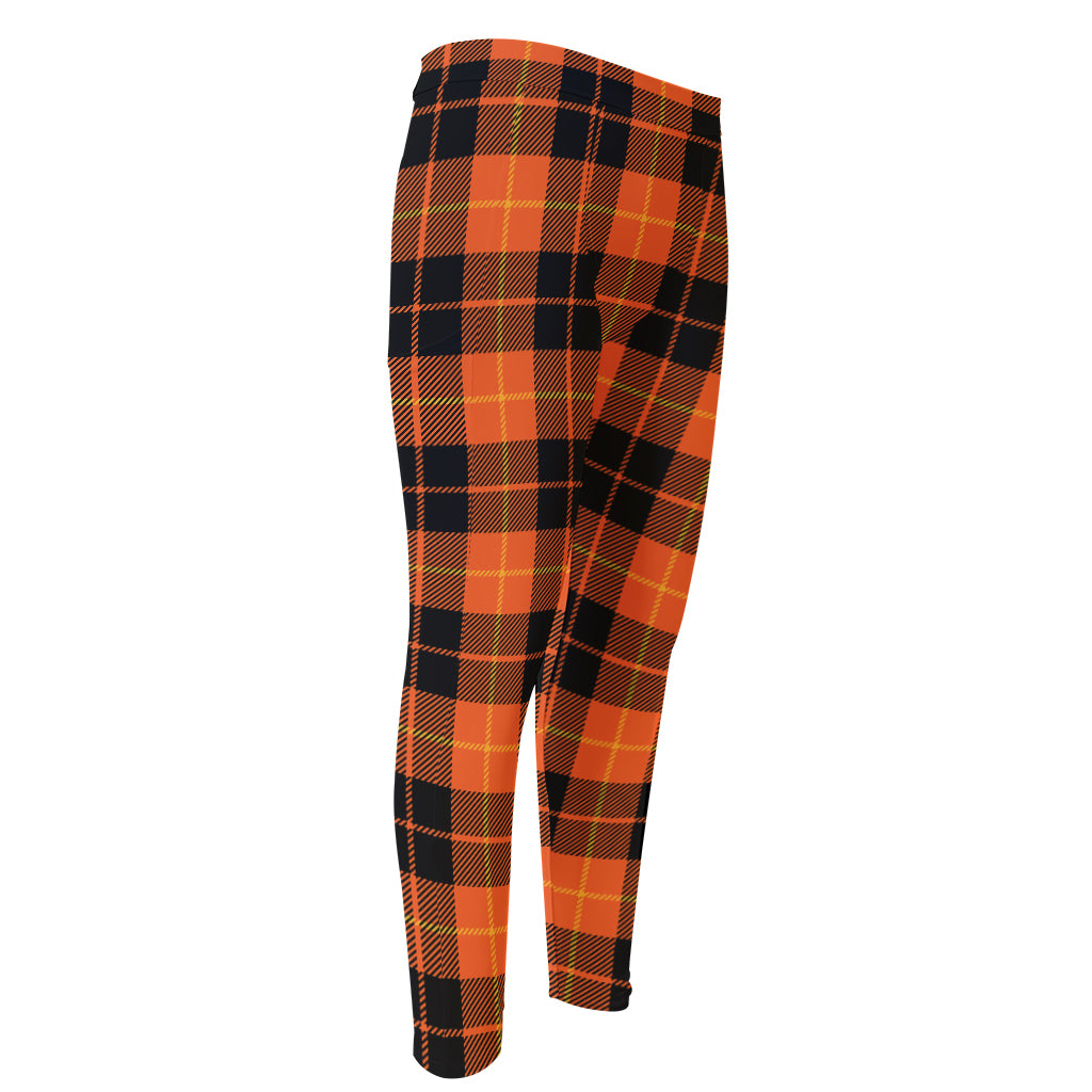 Orange Black And Yellow Tartan Print Men's Compression Pants