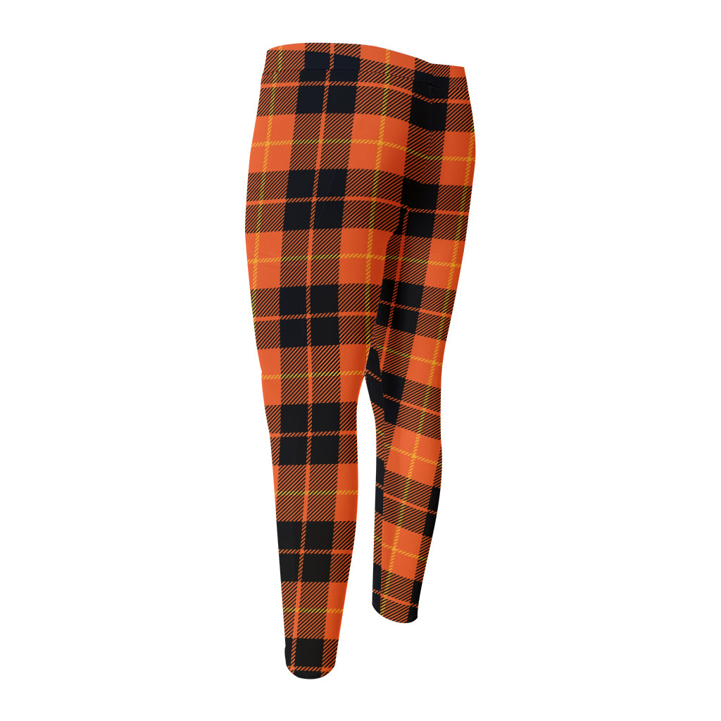 Orange Black And Yellow Tartan Print Men's Compression Pants