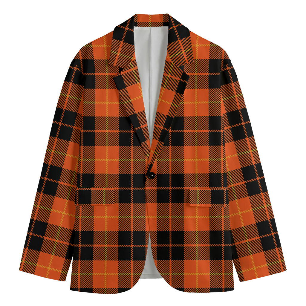 Orange Black And Yellow Tartan Print Men's Cotton Blazer