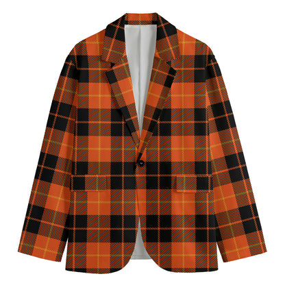 Orange Black And Yellow Tartan Print Men's Cotton Blazer