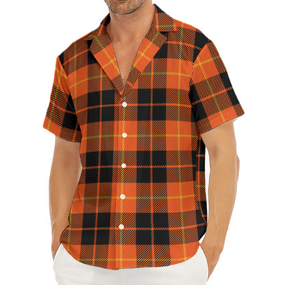 Orange Black And Yellow Tartan Print Men's Deep V-Neck Shirt