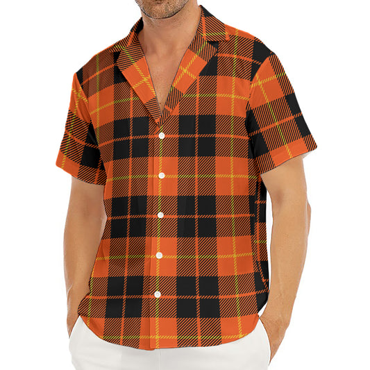 Orange Black And Yellow Tartan Print Men's Deep V-Neck Shirt