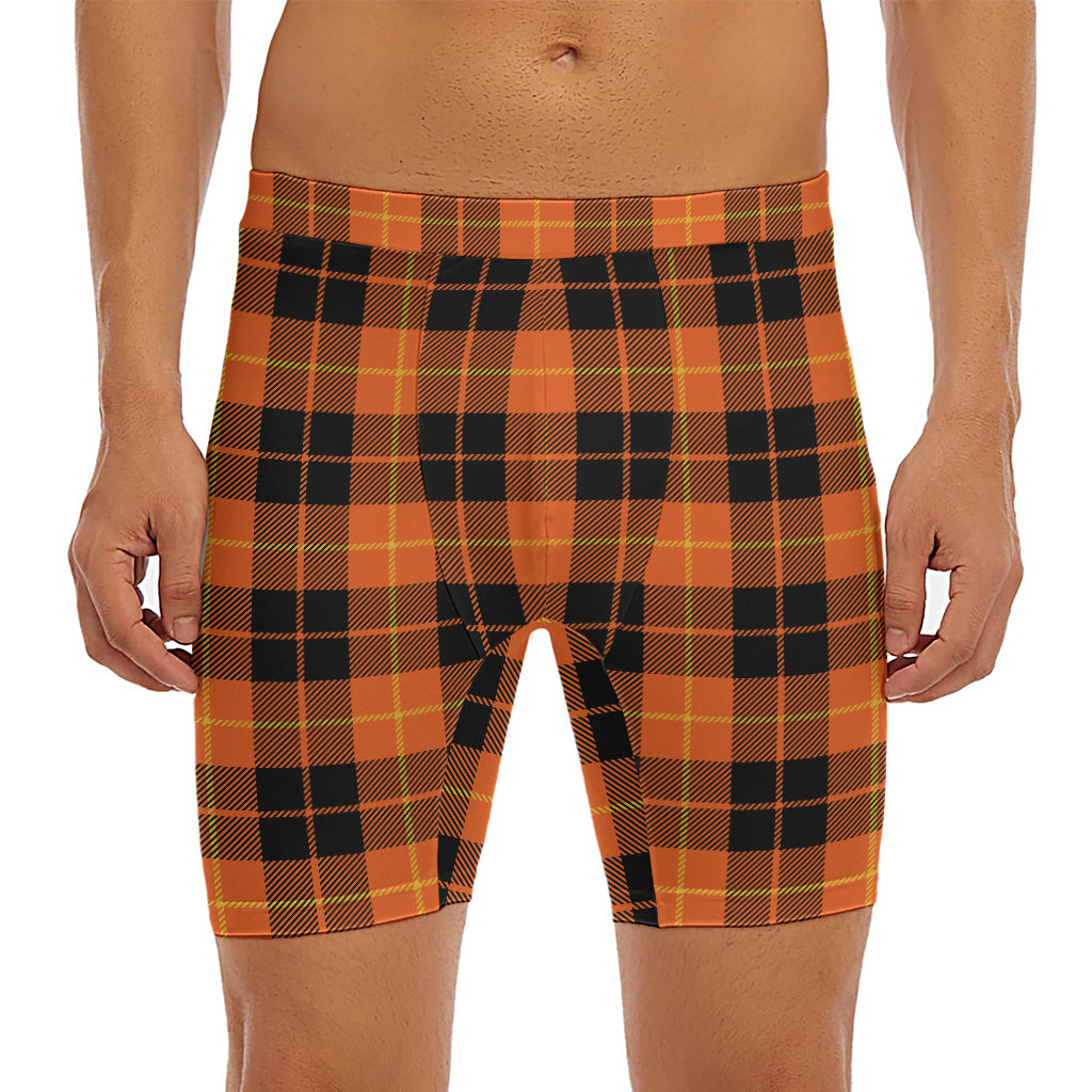 Orange Black And Yellow Tartan Print Men's Long Boxer Briefs
