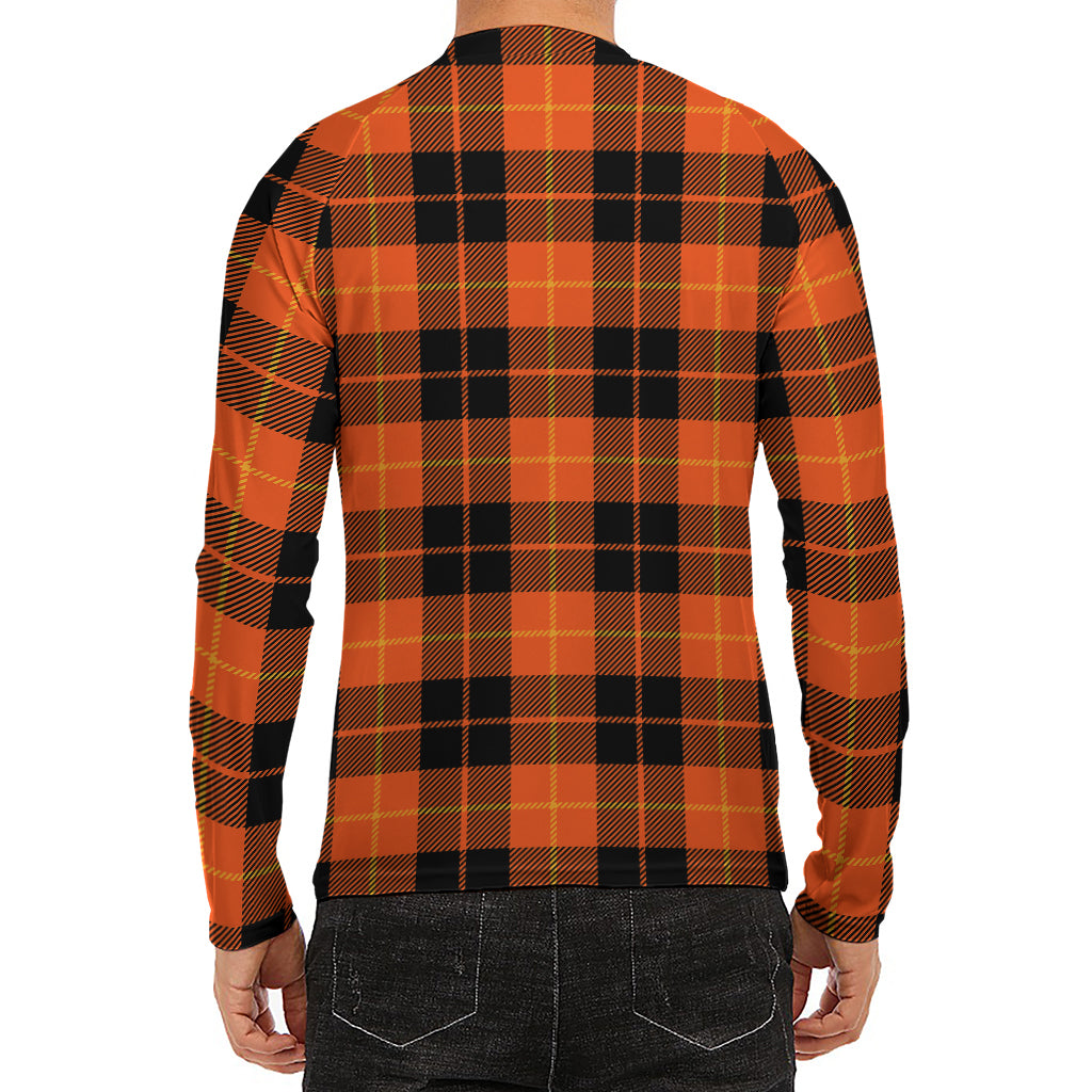 Orange Black And Yellow Tartan Print Men's Long Sleeve Rash Guard