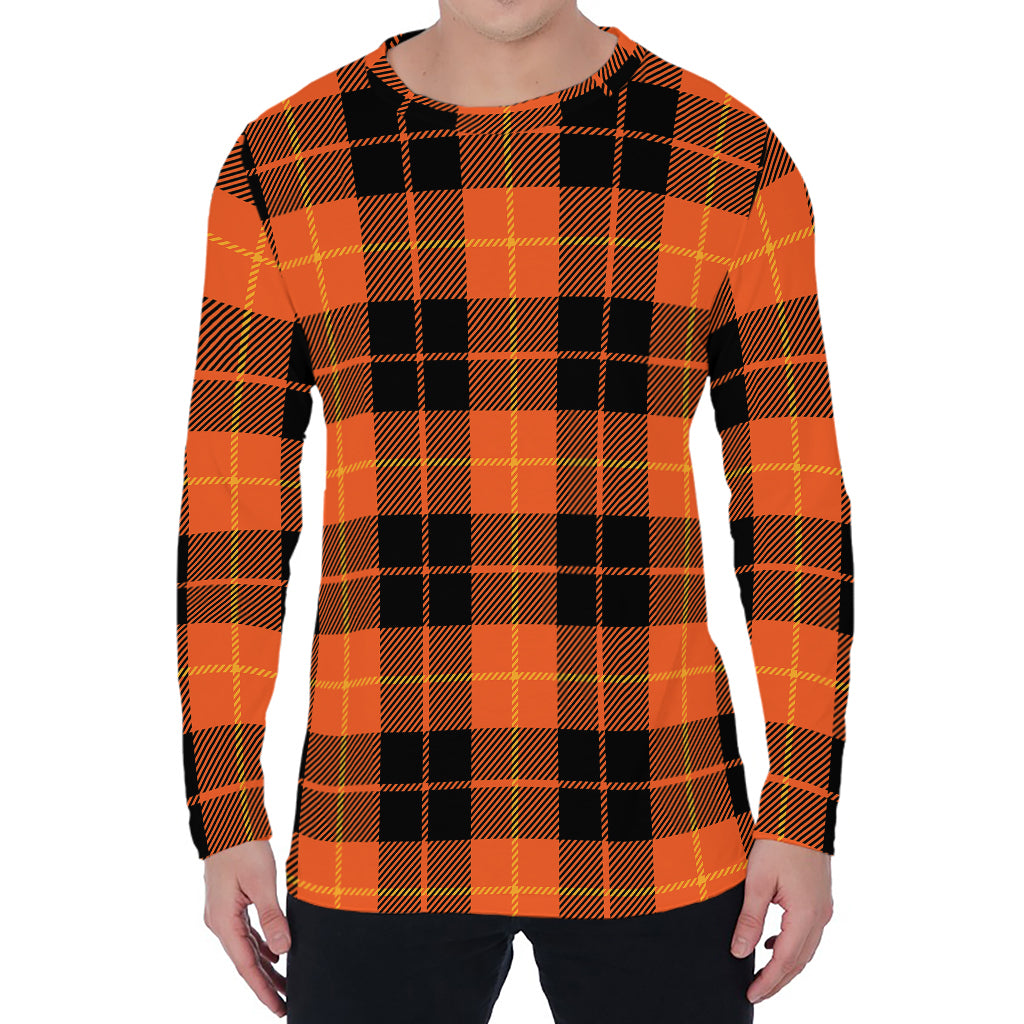 Orange Black And Yellow Tartan Print Men's Long Sleeve T-Shirt