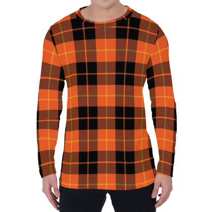 Orange Black And Yellow Tartan Print Men's Long Sleeve T-Shirt