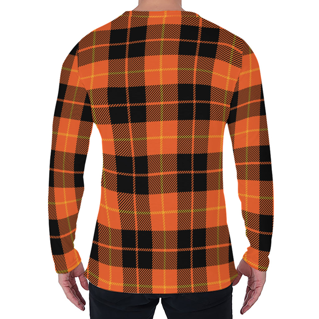 Orange Black And Yellow Tartan Print Men's Long Sleeve T-Shirt