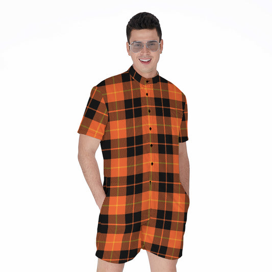 Orange Black And Yellow Tartan Print Men's Rompers