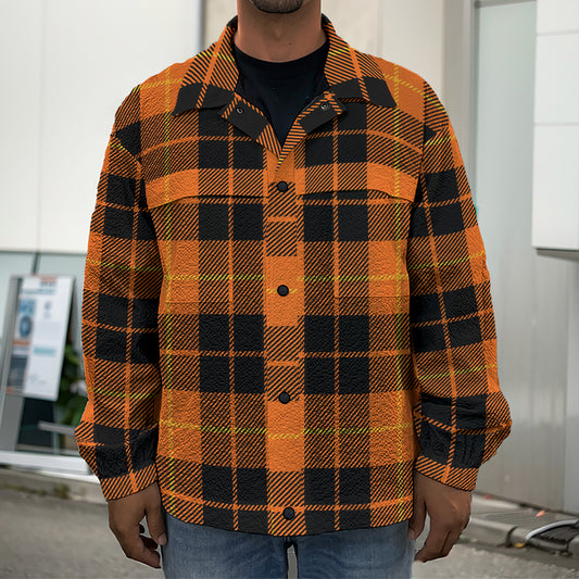 Orange Black And Yellow Tartan Print Men's Shirt Jacket