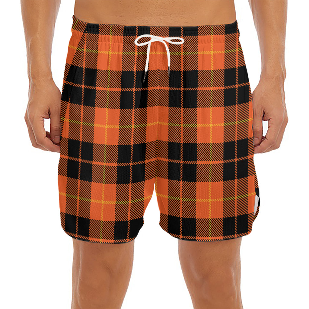 Orange Black And Yellow Tartan Print Men's Split Running Shorts