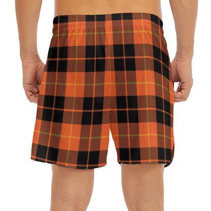 Orange Black And Yellow Tartan Print Men's Split Running Shorts