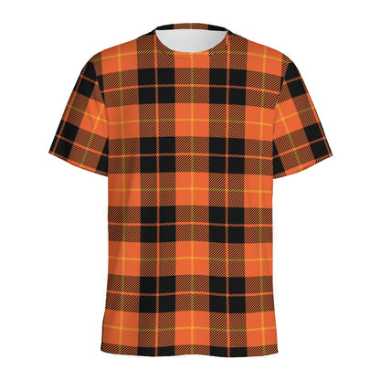Orange Black And Yellow Tartan Print Men's Sports T-Shirt