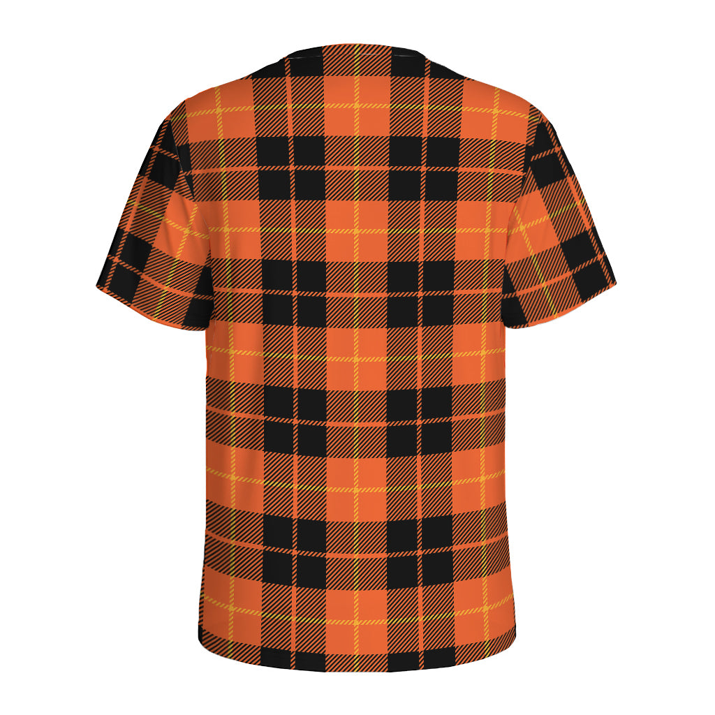 Orange Black And Yellow Tartan Print Men's Sports T-Shirt
