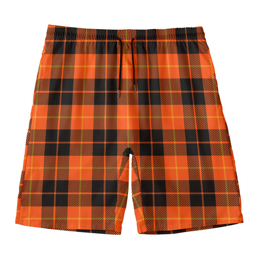 Orange Black And Yellow Tartan Print Men's Swim Trunks