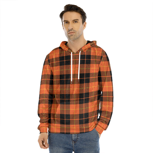 Orange Black And Yellow Tartan Print Men's Velvet Pullover Hoodie