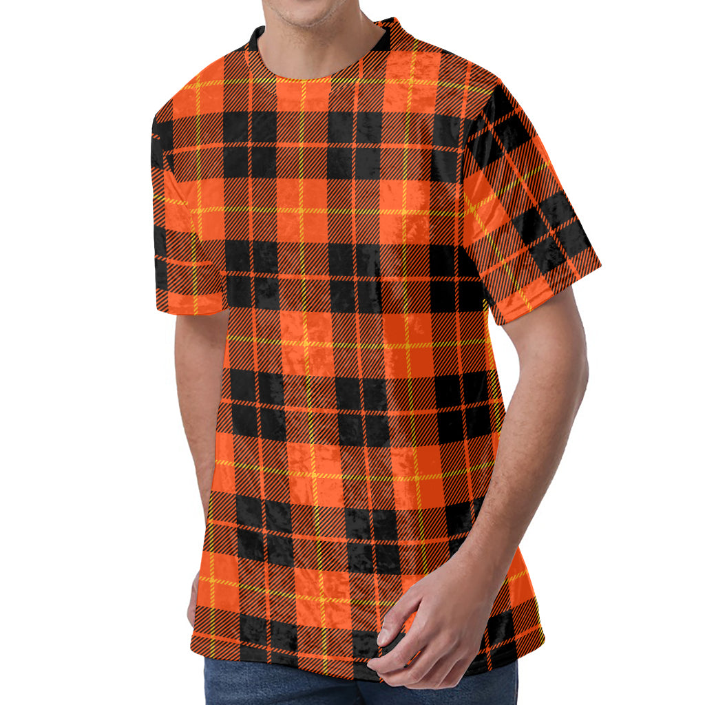 Orange Black And Yellow Tartan Print Men's Velvet T-Shirt