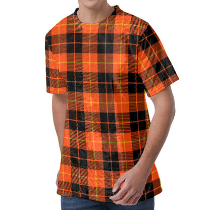Orange Black And Yellow Tartan Print Men's Velvet T-Shirt
