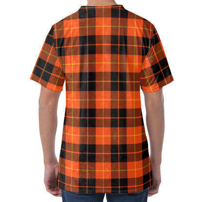 Orange Black And Yellow Tartan Print Men's Velvet T-Shirt