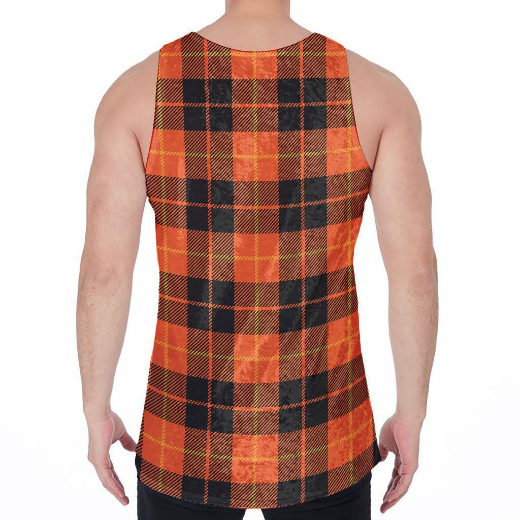 Orange Black And Yellow Tartan Print Men's Velvet Tank Top