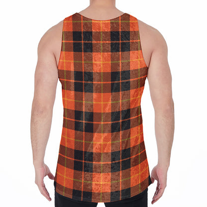 Orange Black And Yellow Tartan Print Men's Velvet Tank Top