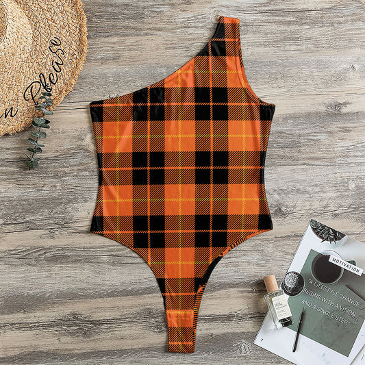 Orange Black And Yellow Tartan Print One Shoulder Bodysuit