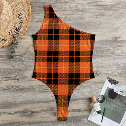 Orange Black And Yellow Tartan Print One Shoulder Bodysuit