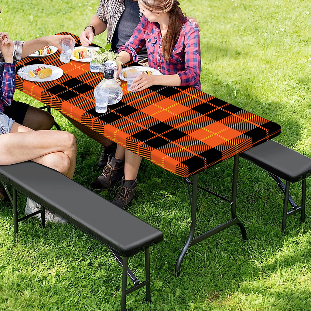 Orange Black And Yellow Tartan Print Picnic Table Cover