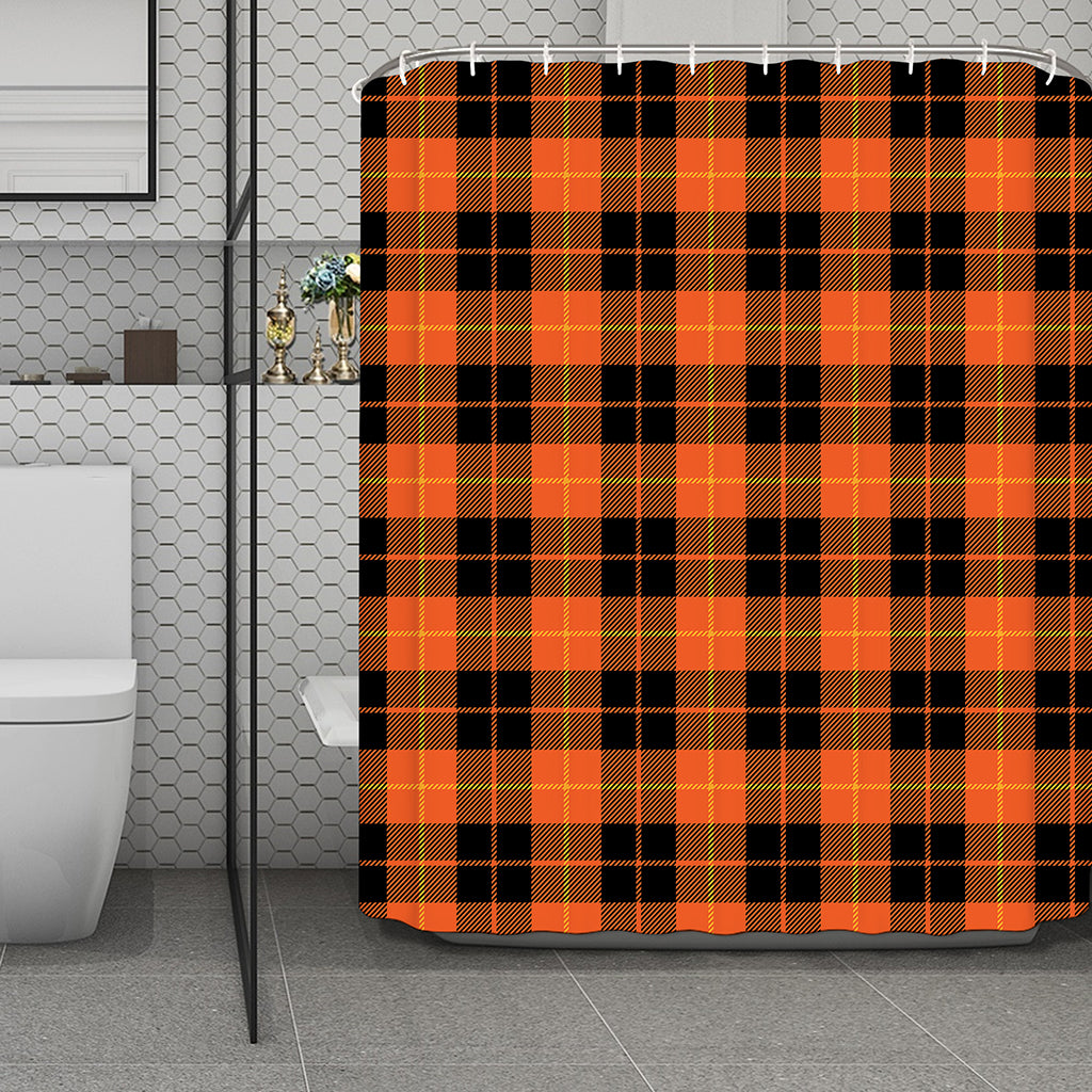 Orange Black And Yellow Tartan Print Polyester Shower Curtain