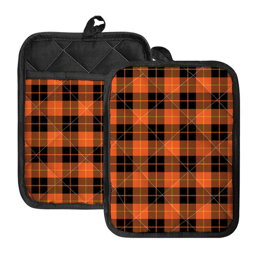 Orange Black And Yellow Tartan Print Pot Holders With Pocket