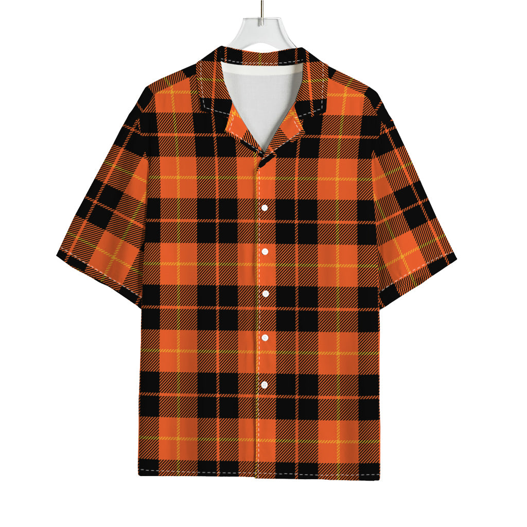 Orange Black And Yellow Tartan Print Rayon Hawaiian Shirt