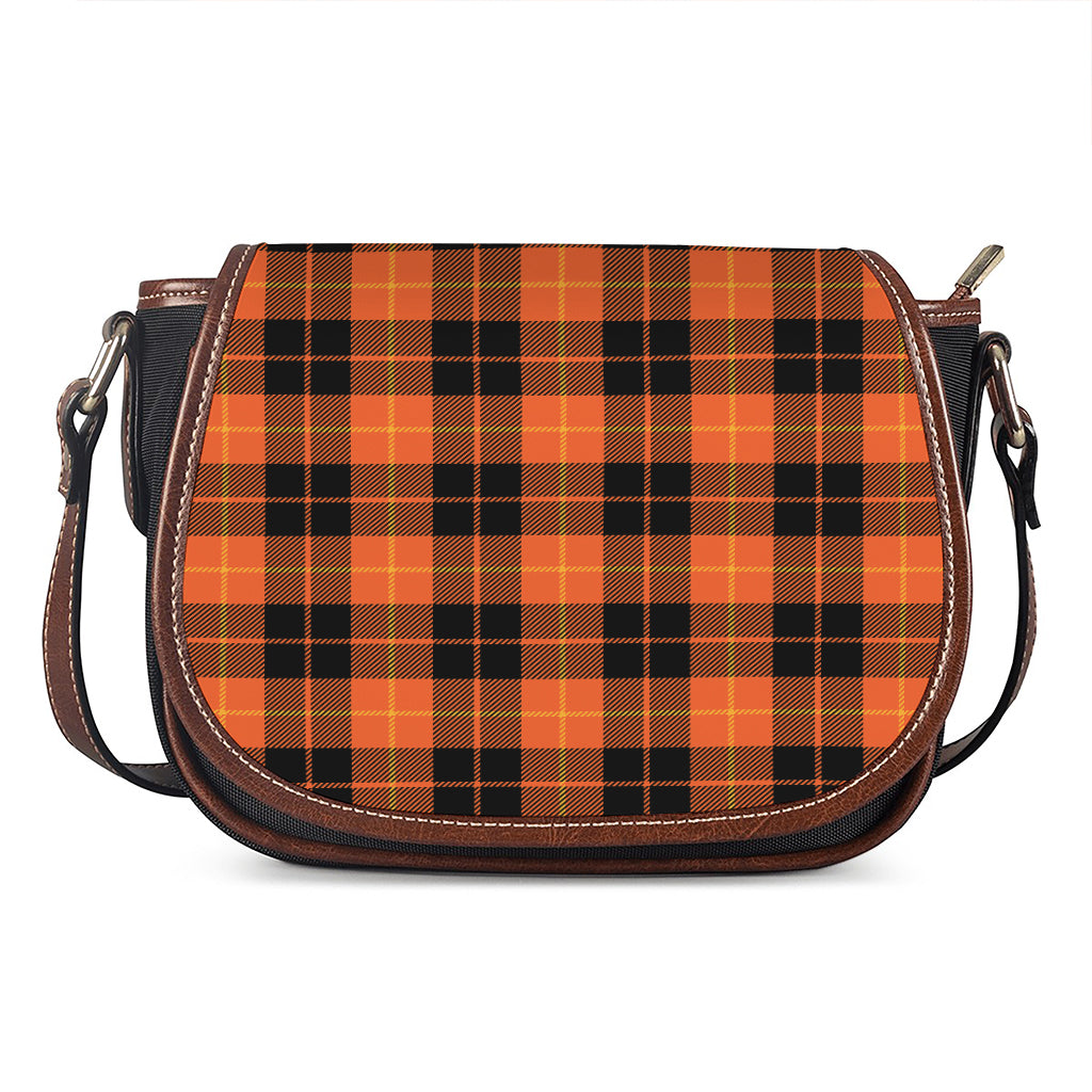 Orange Black And Yellow Tartan Print Saddle Bag