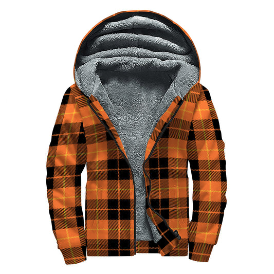Orange Black And Yellow Tartan Print Sherpa Lined Zip Up Hoodie