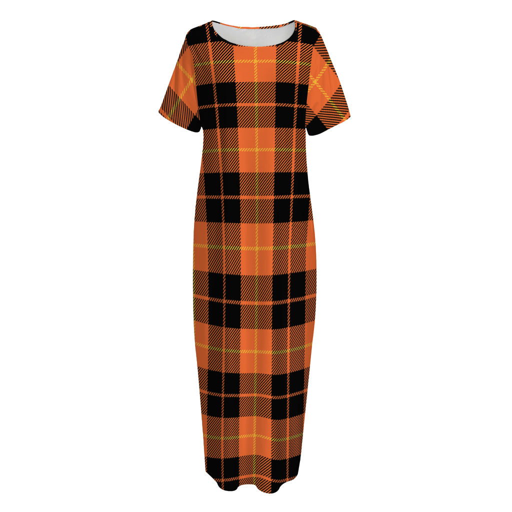 Orange Black And Yellow Tartan Print Short Sleeve Long Nightdress