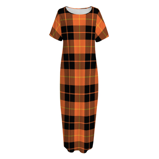 Orange Black And Yellow Tartan Print Short Sleeve Long Nightdress