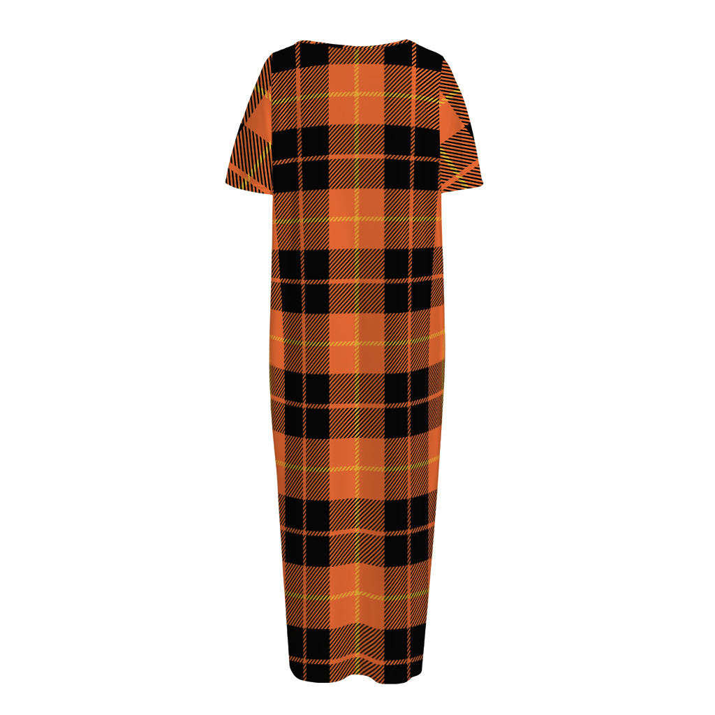 Orange Black And Yellow Tartan Print Short Sleeve Long Nightdress