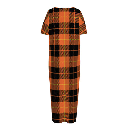 Orange Black And Yellow Tartan Print Short Sleeve Long Nightdress