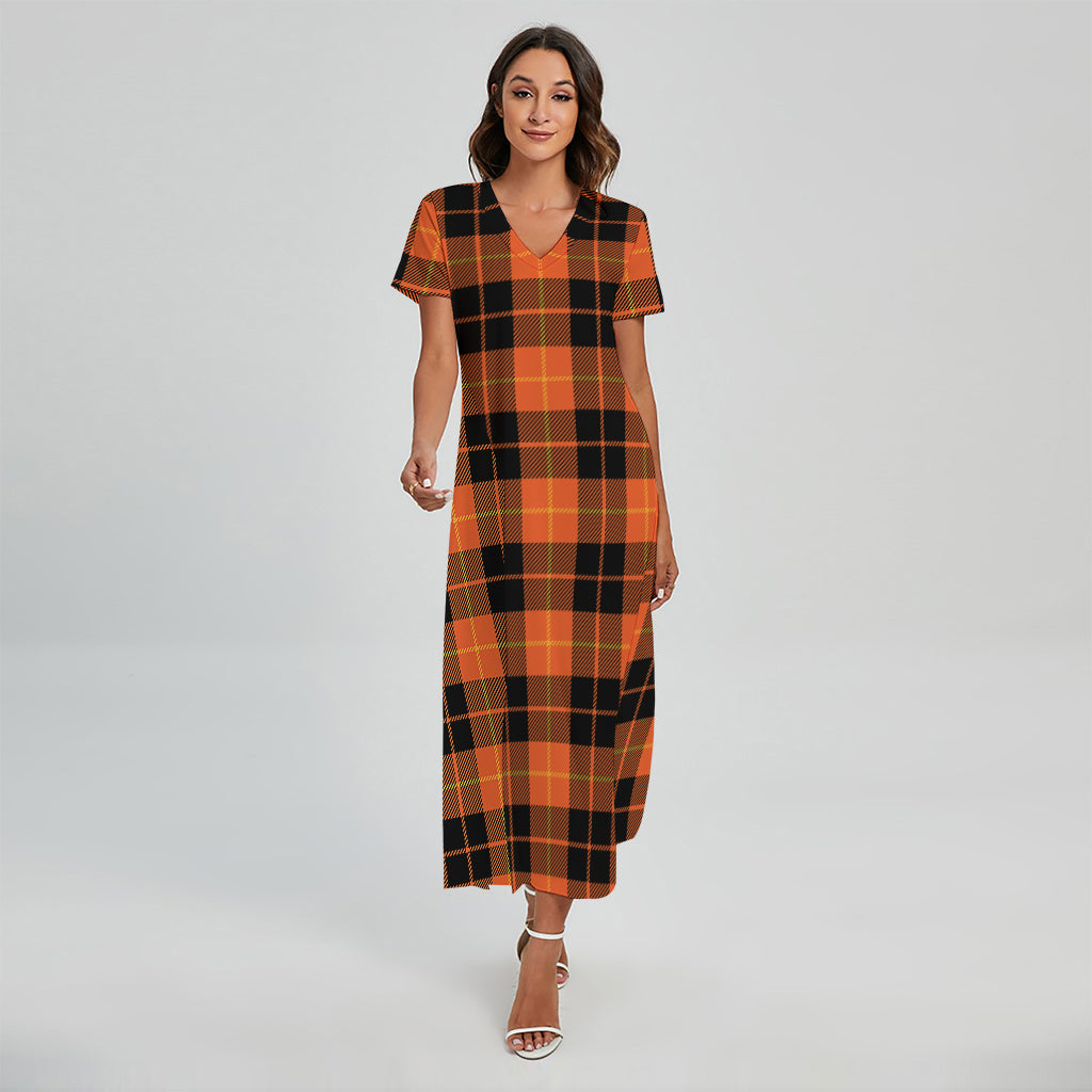 Orange Black And Yellow Tartan Print Short Sleeve Maxi Dress
