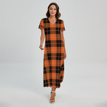 Orange Black And Yellow Tartan Print Short Sleeve Maxi Dress