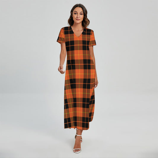 Orange Black And Yellow Tartan Print Short Sleeve Maxi Dress