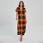 Orange Black And Yellow Tartan Print Short Sleeve Maxi Dress