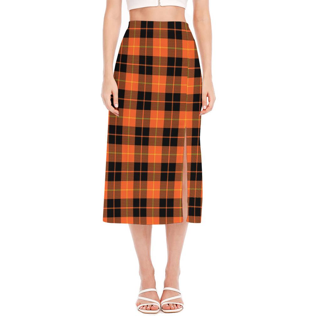 Orange Black And Yellow Tartan Print Side Slit Midi Skirt