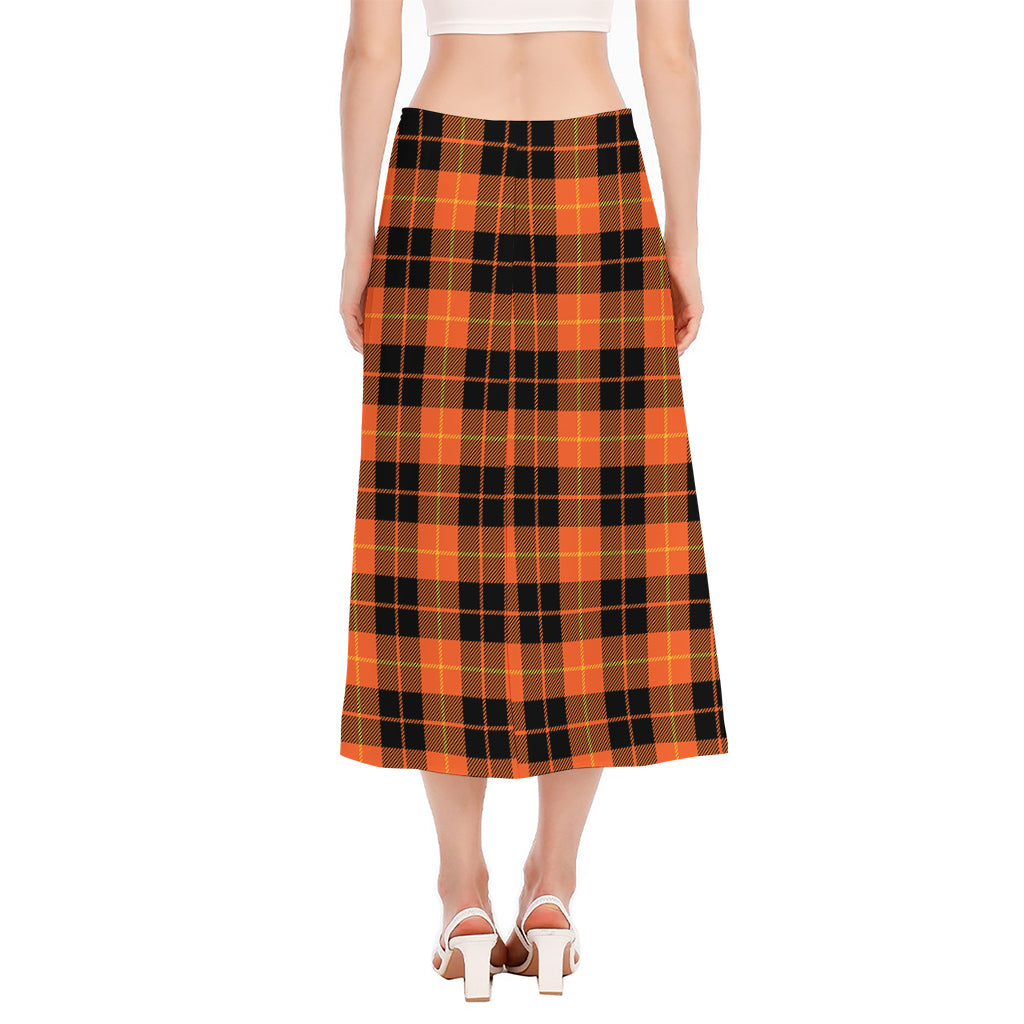 Orange Black And Yellow Tartan Print Side Slit Midi Skirt
