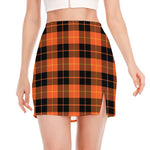 Orange Black And Yellow Tartan Print Side Slit Mini Skirt